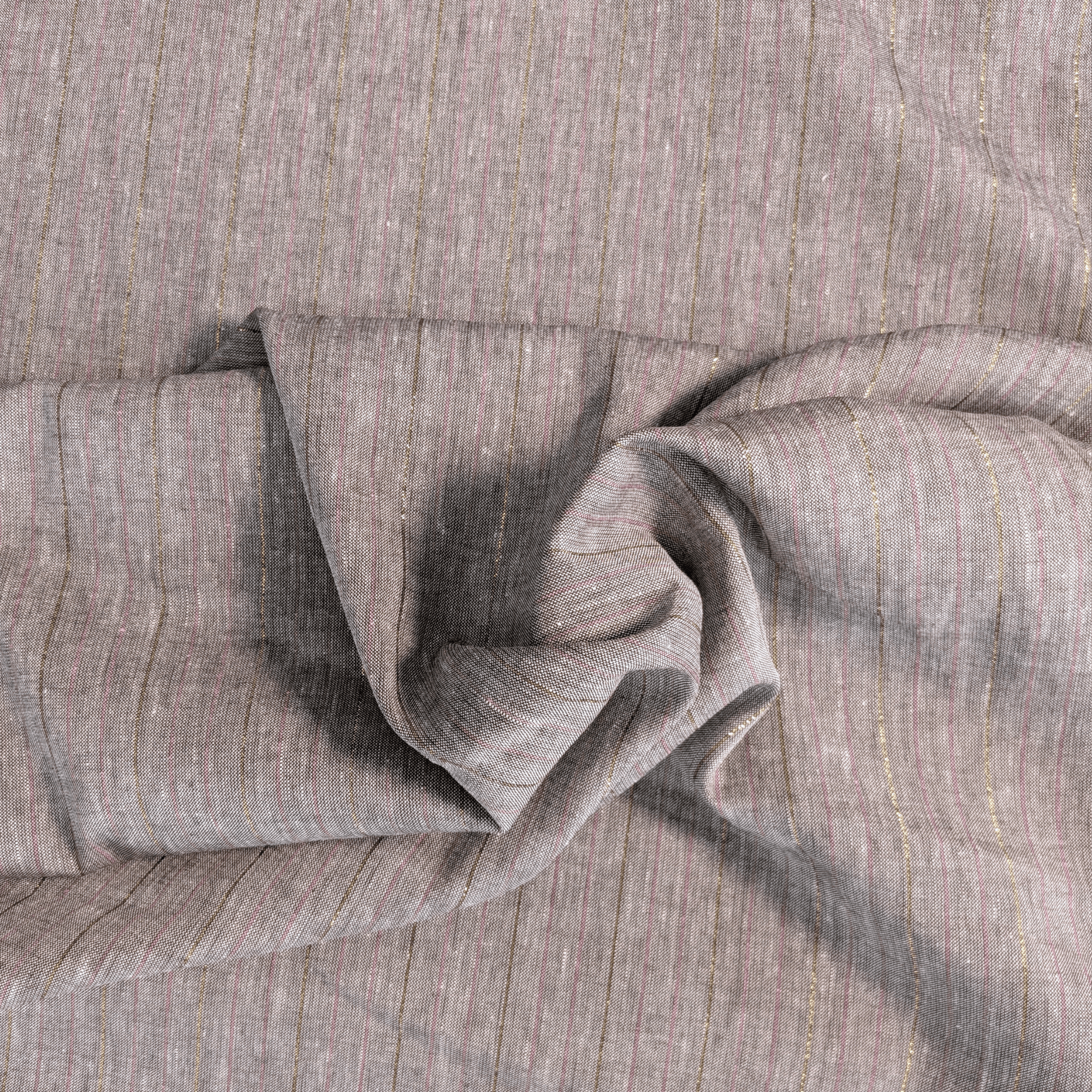 Chambray Linen Mix Fabric Chocolate, Pink & Metallic Lurex Stripe