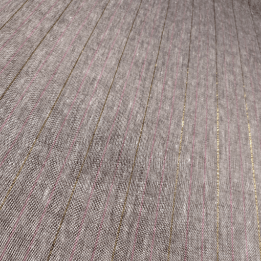 Chambray Linen Mix Fabric Chocolate, Pink & Metallic Lurex Stripe