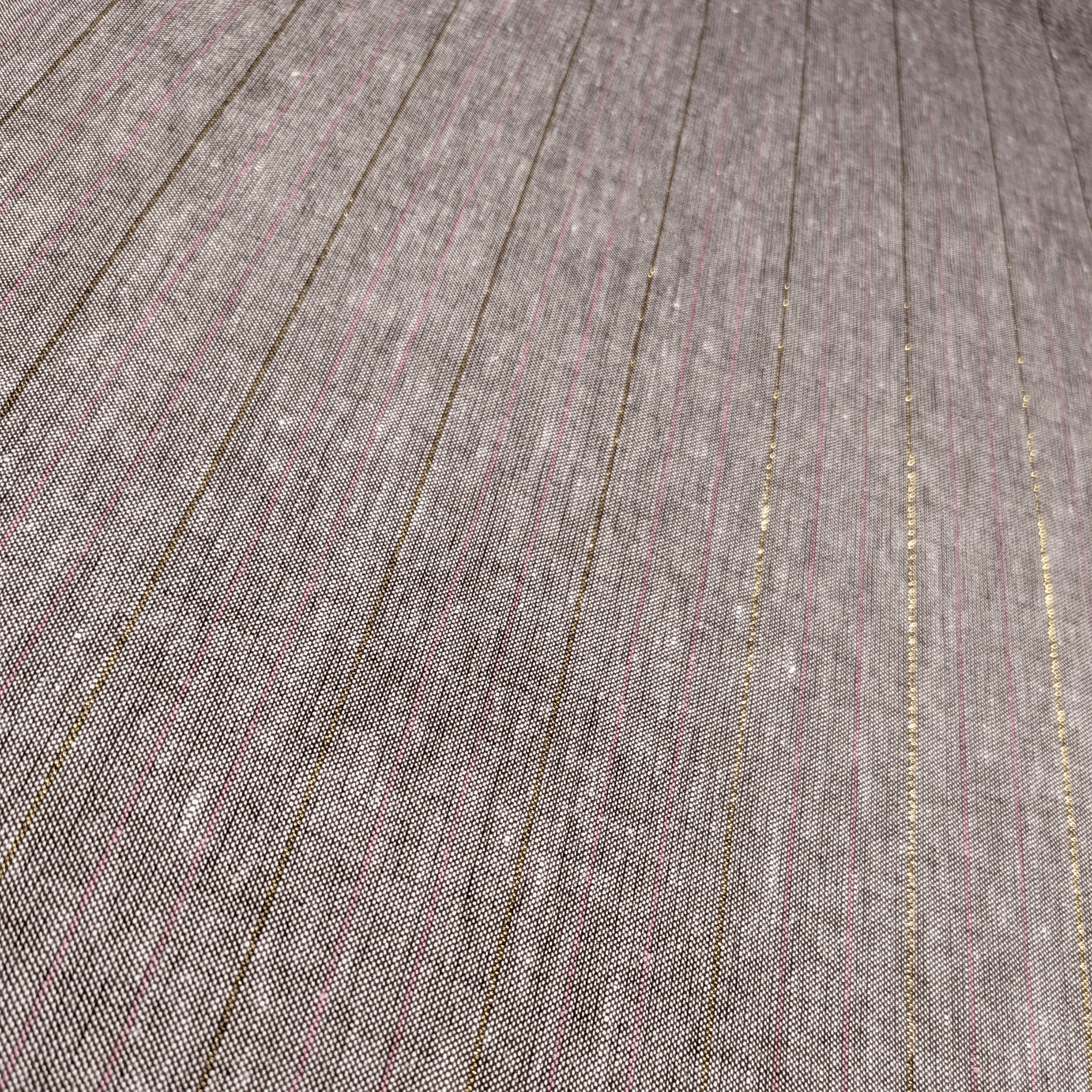 Chambray Linen Mix Fabric Chocolate, Pink & Metallic Lurex Stripe