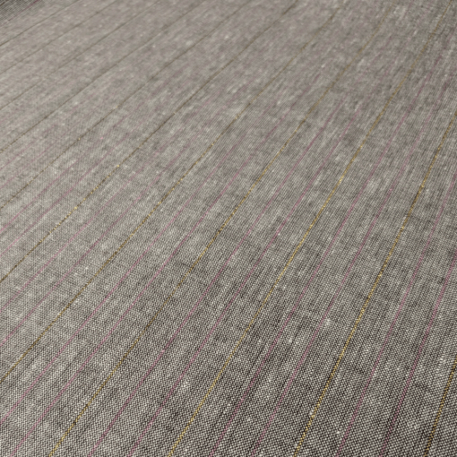 Chambray Linen Mix Fabric Chocolate, Pink & Metallic Lurex Stripe