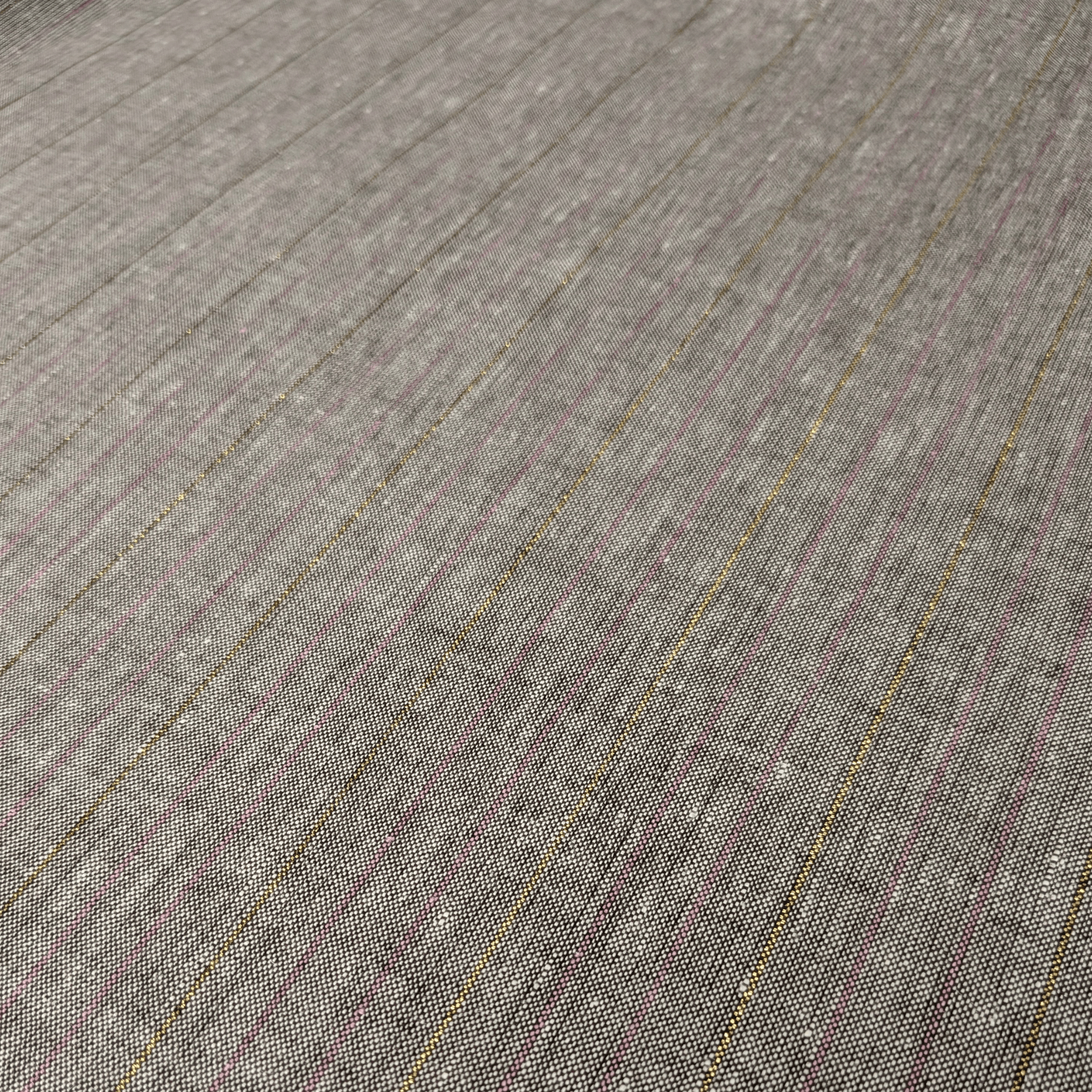 Chambray Linen Mix Fabric Chocolate, Pink & Metallic Lurex Stripe