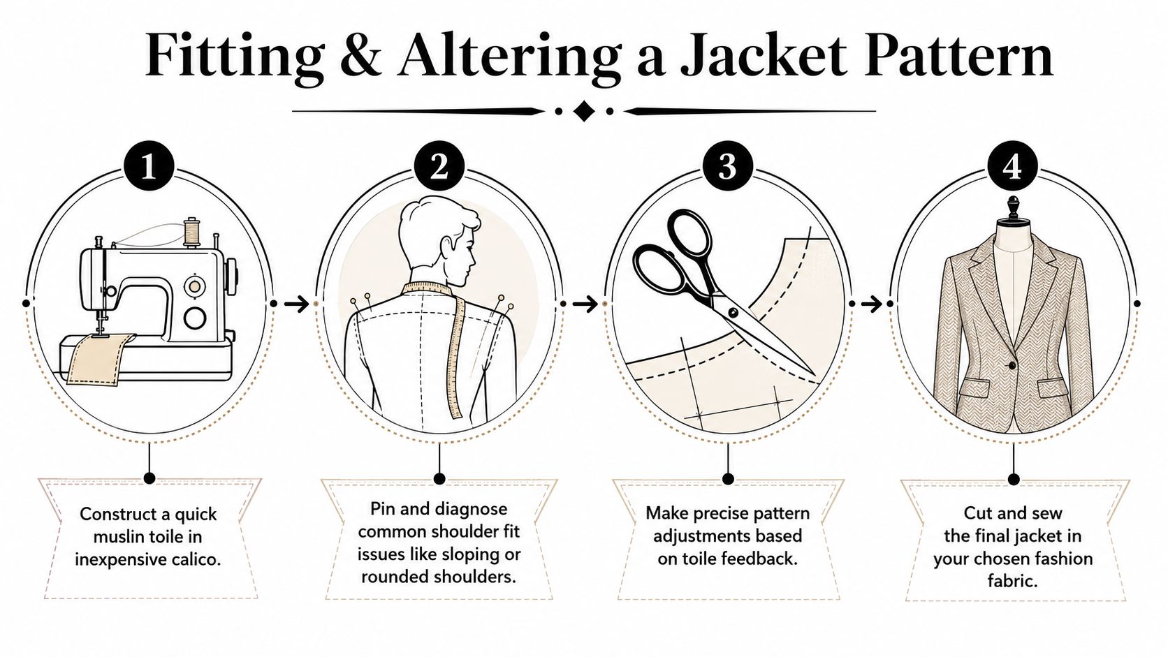 A four-step infographic illustrating the process of fitting and altering a custom jacket pattern using a muslin toile.