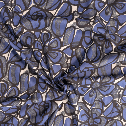 Cotton Pima Lawn Fabric Blue & Black Graphic Floral Print