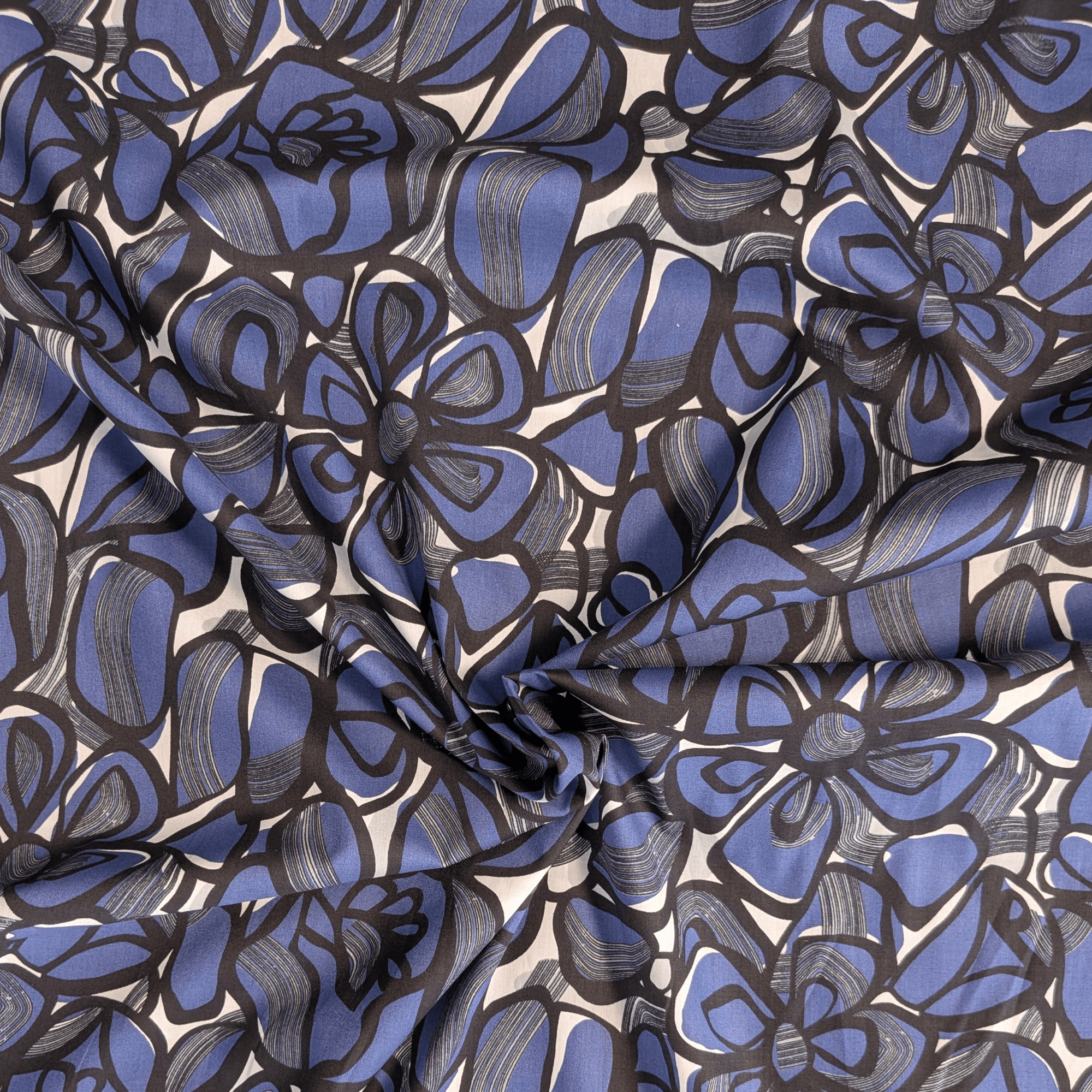 Cotton Pima Lawn Fabric Blue & Black Graphic Floral Print