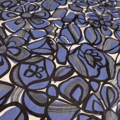 Cotton Pima Lawn Fabric Blue & Black Graphic Floral Print