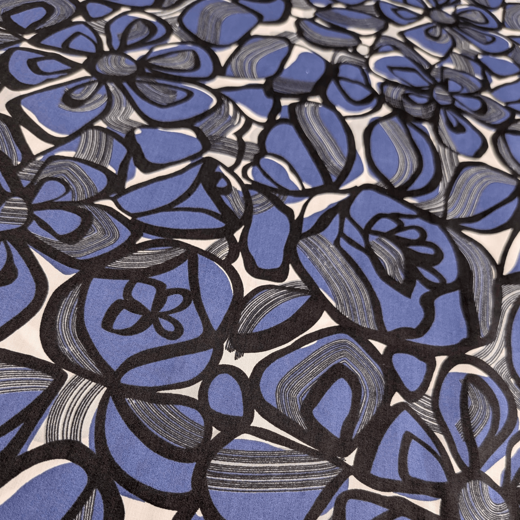 Cotton Pima Lawn Fabric Blue & Black Graphic Floral Print