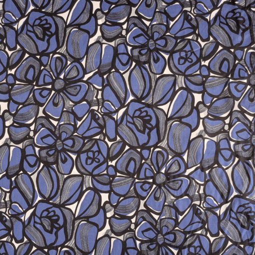 Cotton Pima Lawn Fabric Blue & Black Graphic Floral Print