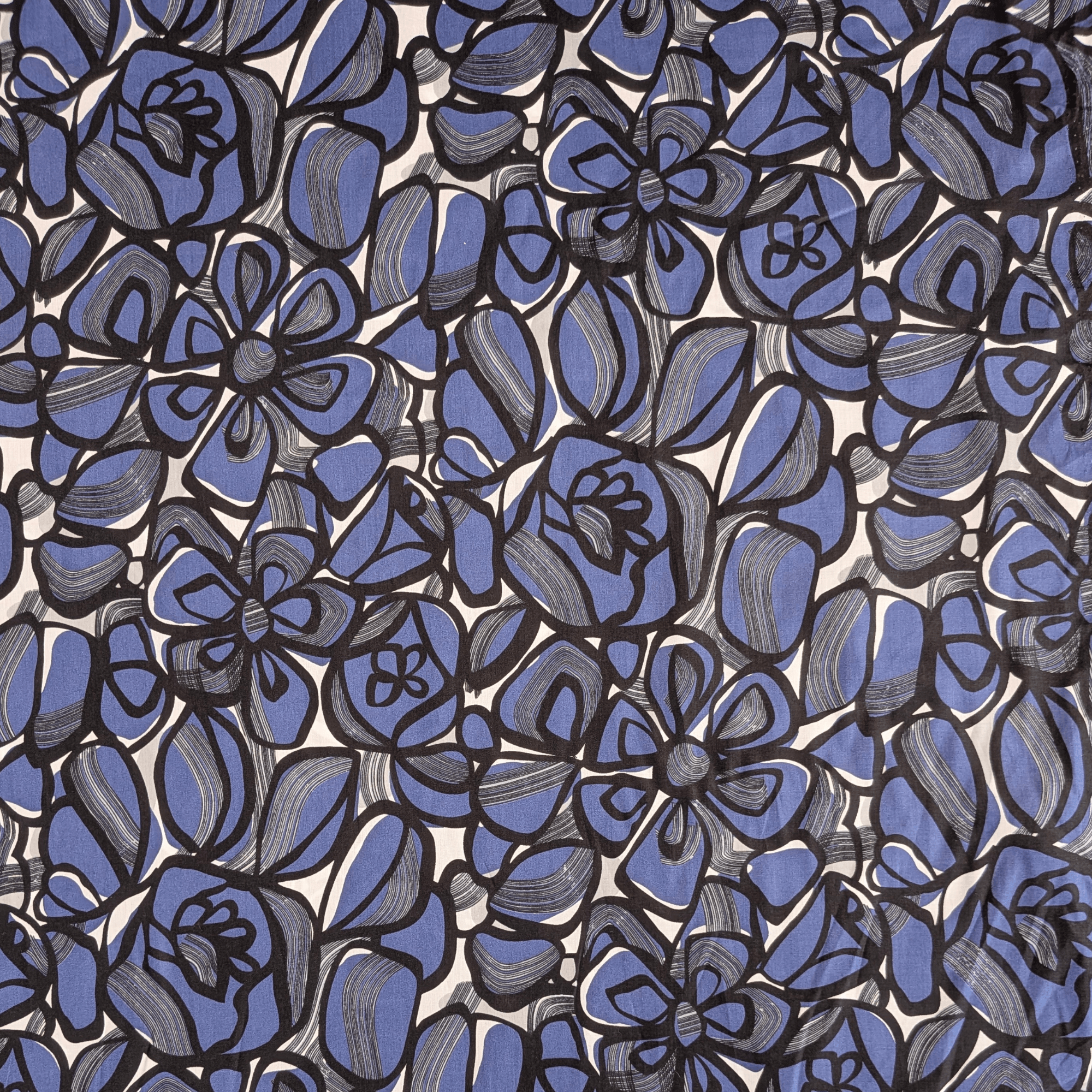 Cotton Pima Lawn Fabric Blue & Black Graphic Floral Print