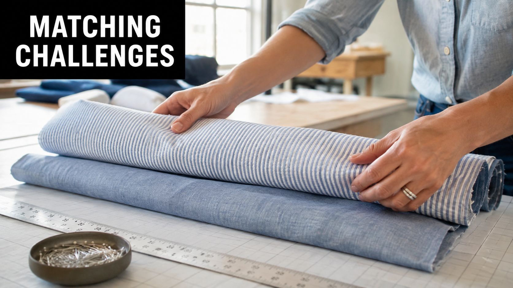 A person aligning seersucker and chambray fabric on a cutting table to address pattern matching challenges.