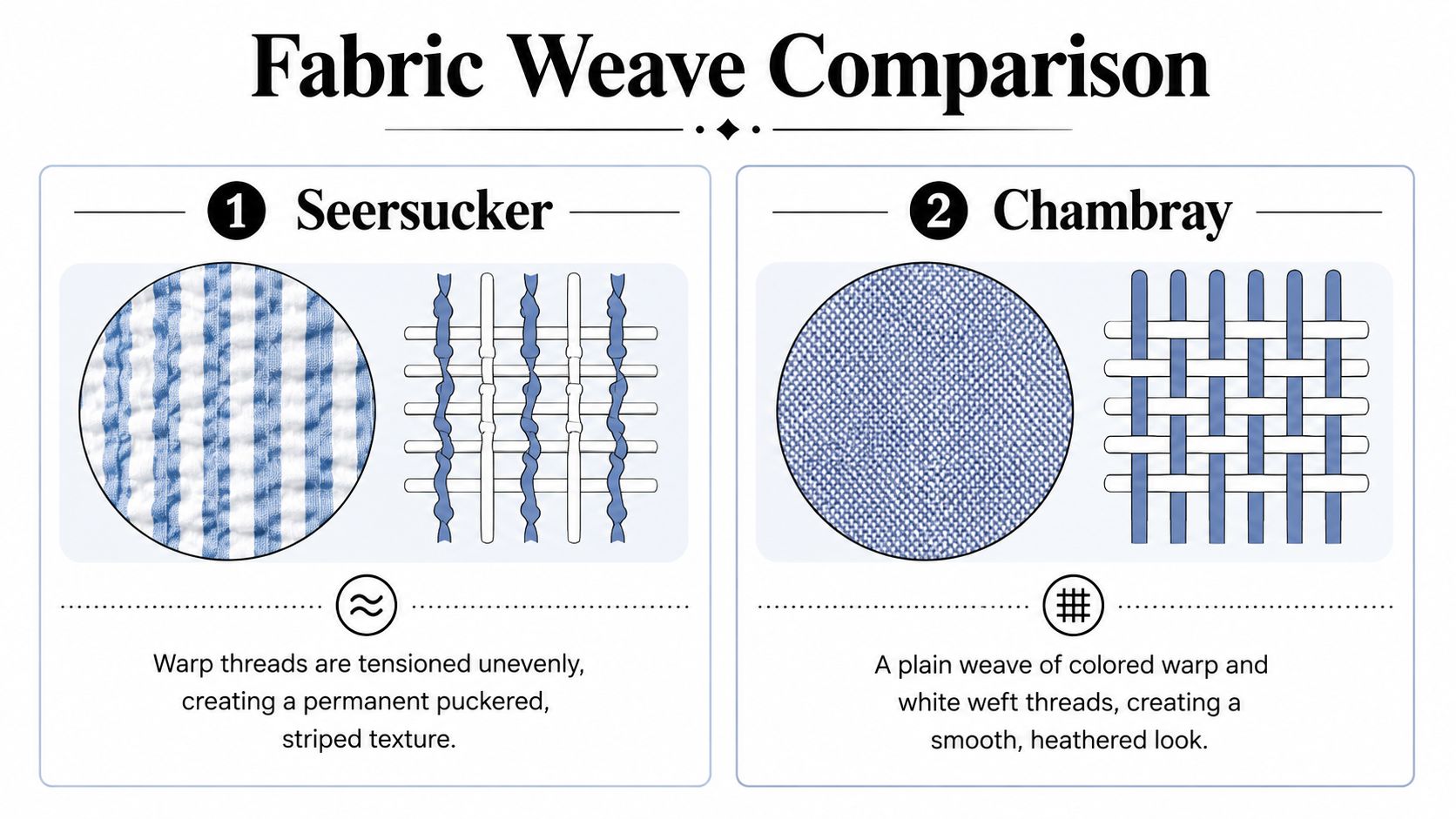 An infographic comparing the weave structures of seersucker and chambray fabrics with descriptive text for each.