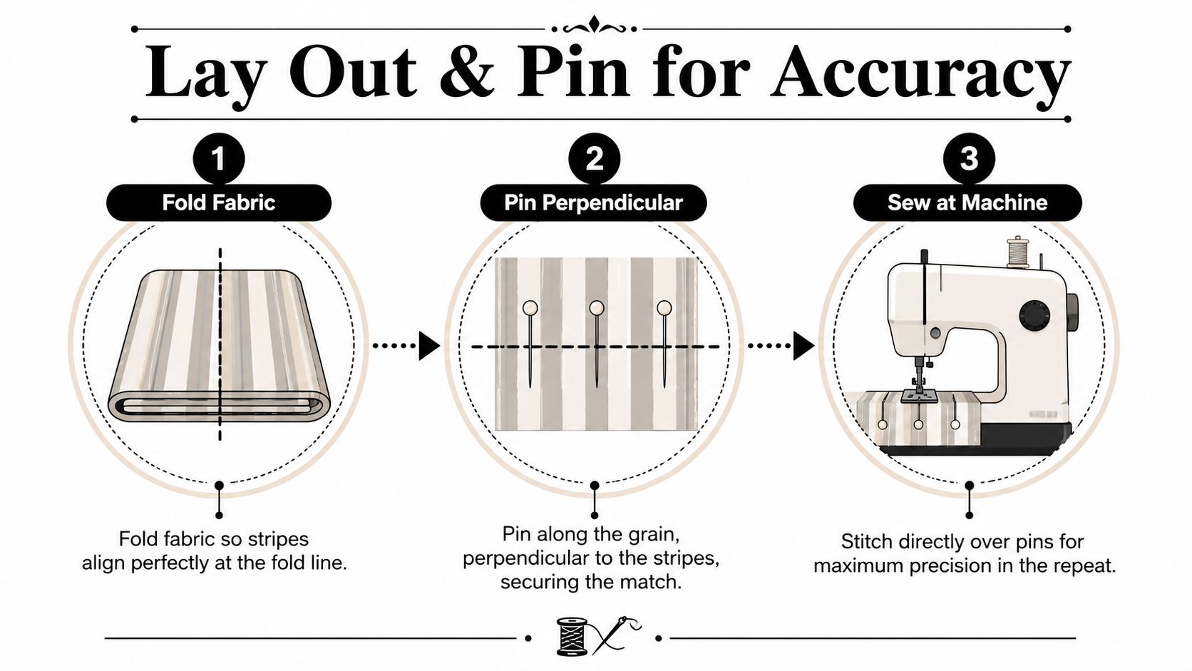 A three-step instructional guide on how to align and pin striped fabric for precise sewing accuracy.