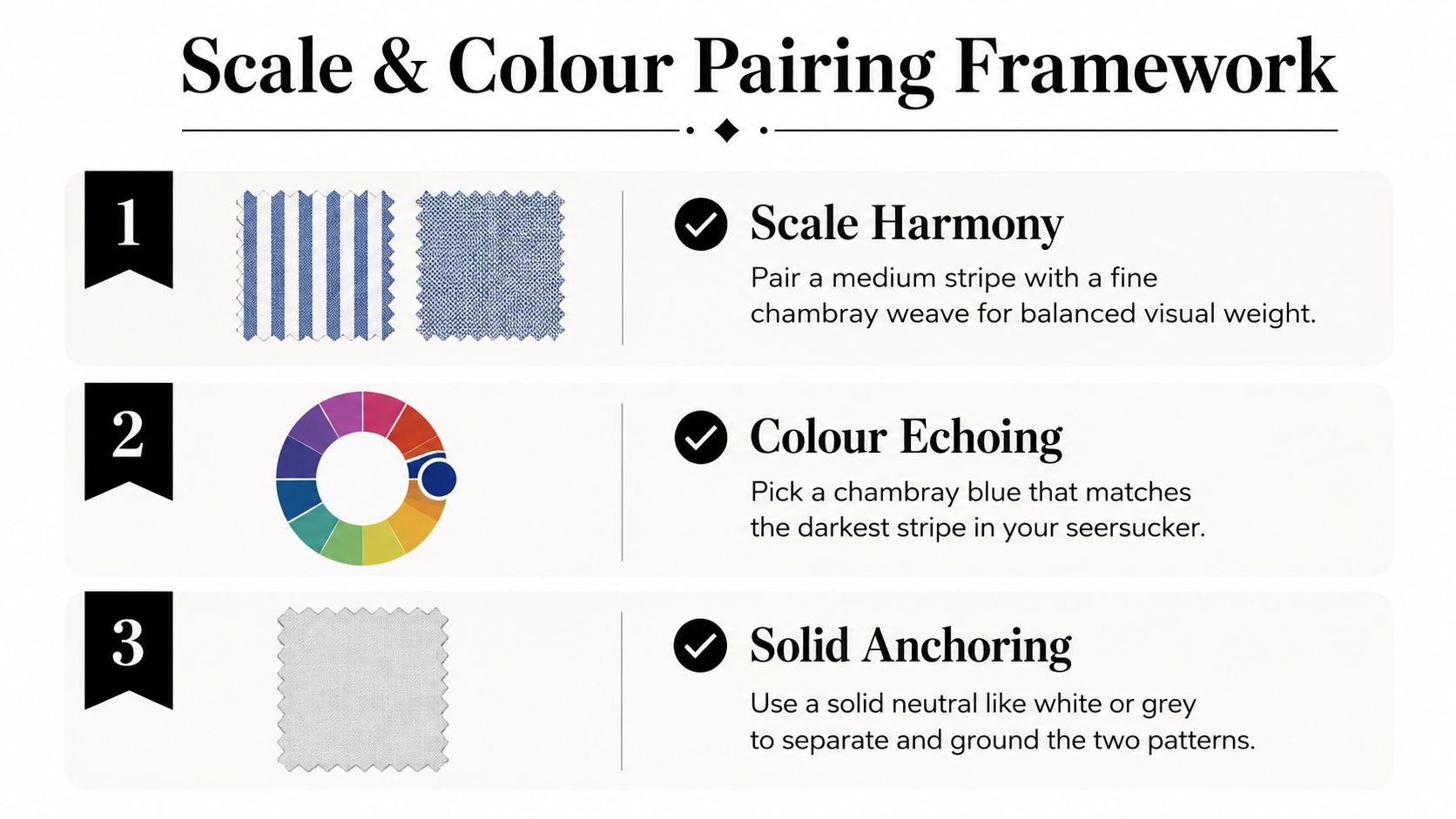 A guide on how to combine seersucker patterns and chambray fabrics for a balanced, stylish outfit.