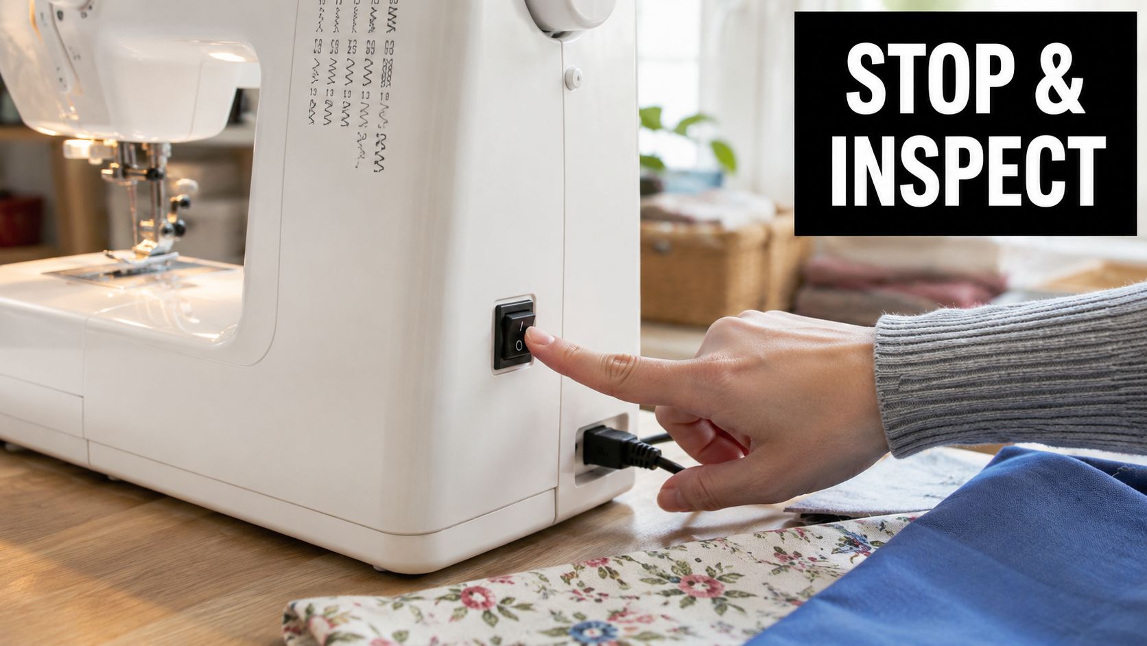 A person turning off a white sewing machine before inspecting it for mechanical noise issues.
