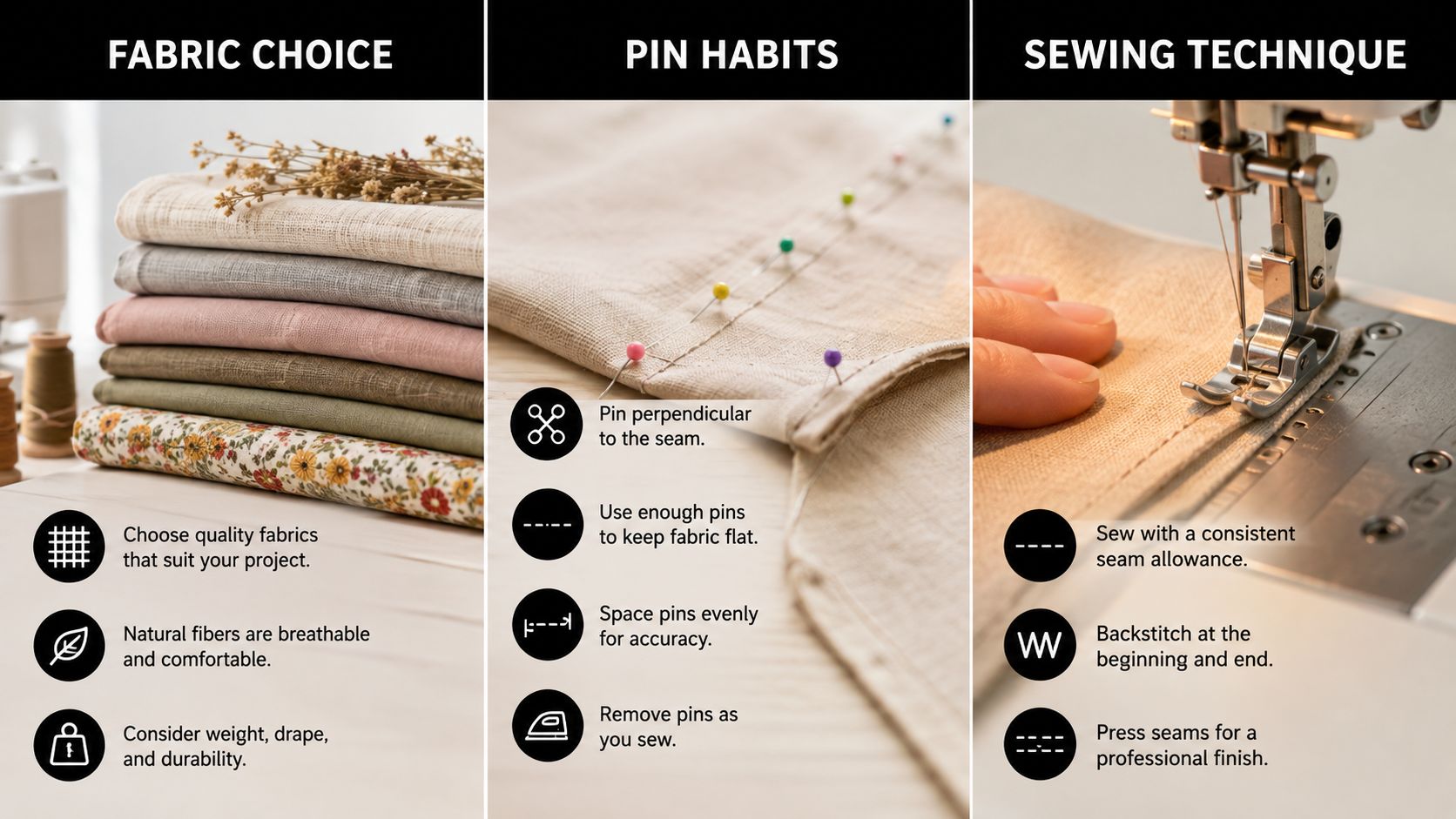 An infographic titled sewing tips displaying fabric choices, pin habits, and sewing techniques for better sewing results.