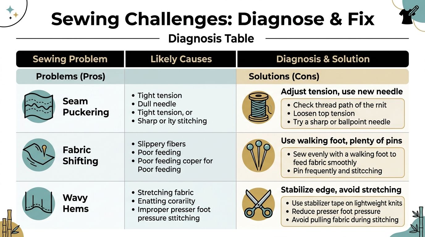 A diagnostic table for sewing challenges including solutions for seam puckering, fabric shifting, and wavy hems.