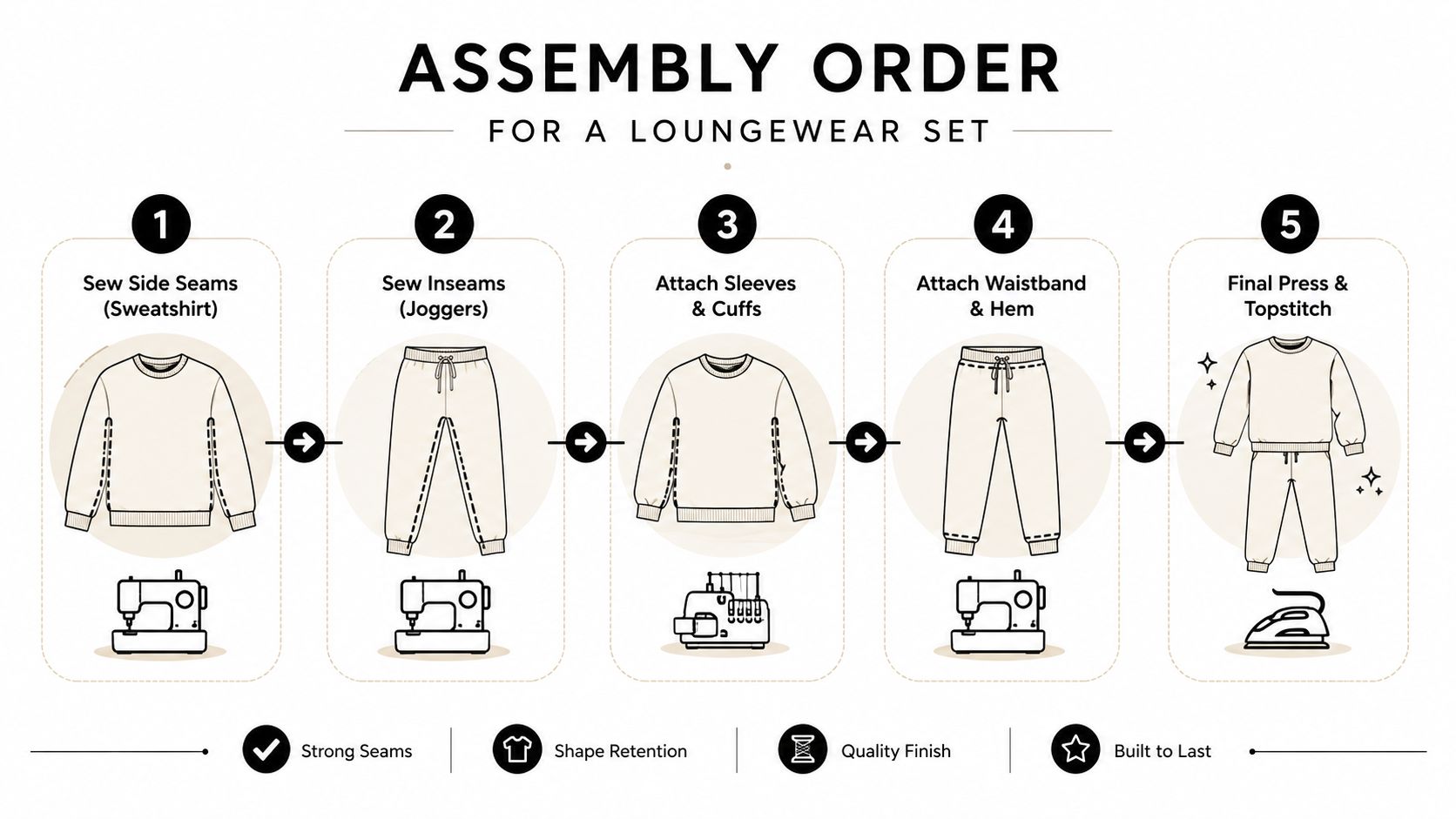 A five-step instructional diagram detailing the assembly order for crafting a comfortable loungewear set from fabric.
