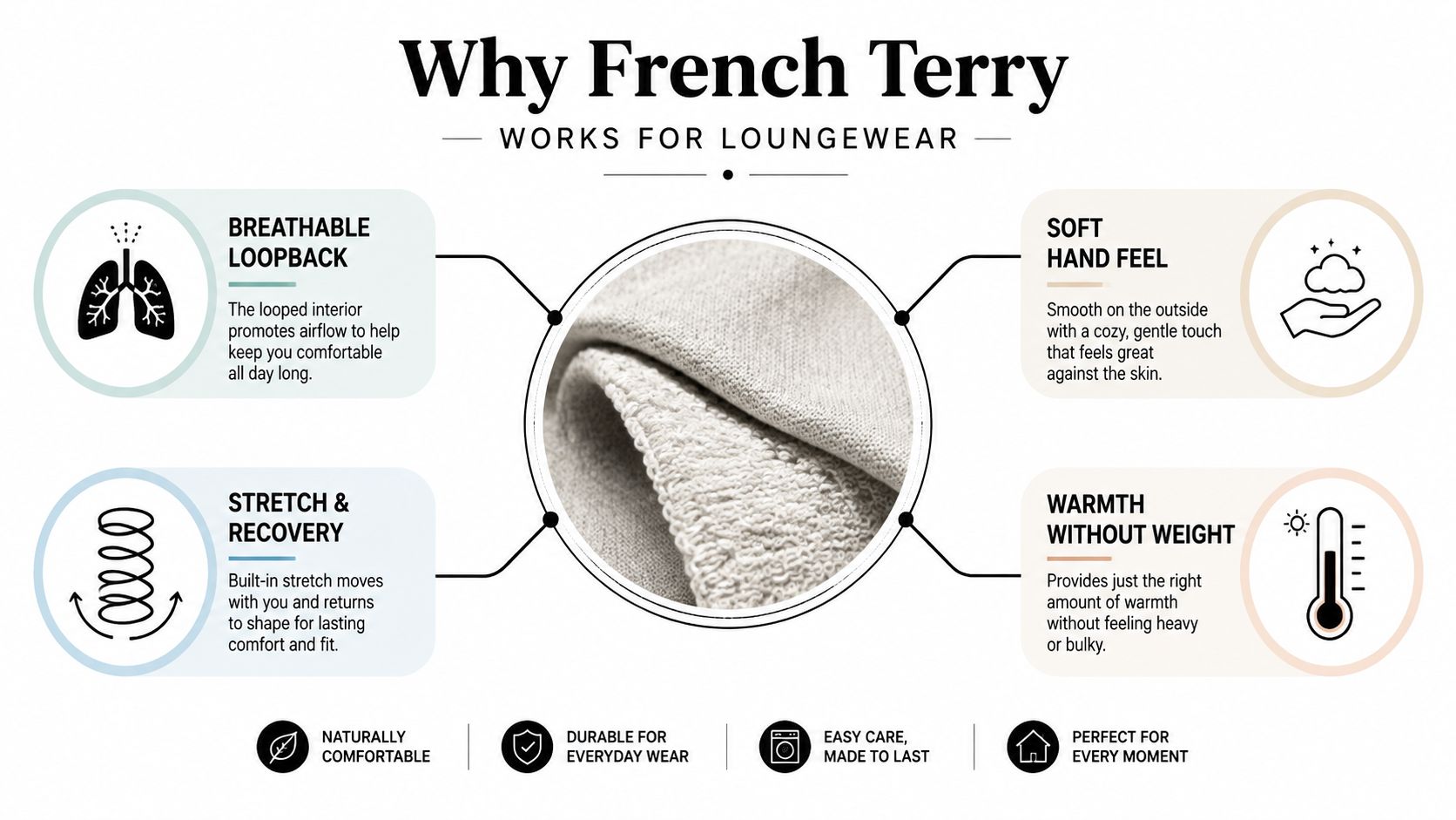An infographic detailing the benefits of French Terry fabric including breathability, softness, stretch, and lightweight warmth.