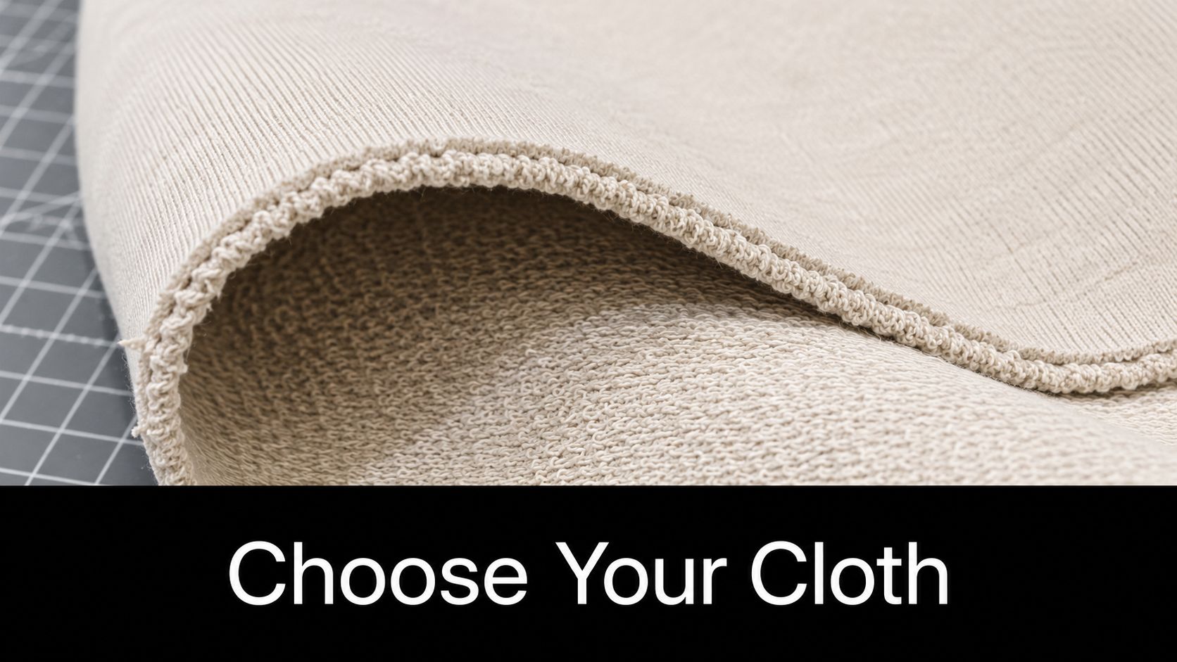 A close-up view of beige french terry fabric with a looped texture, resting on a cutting mat.
