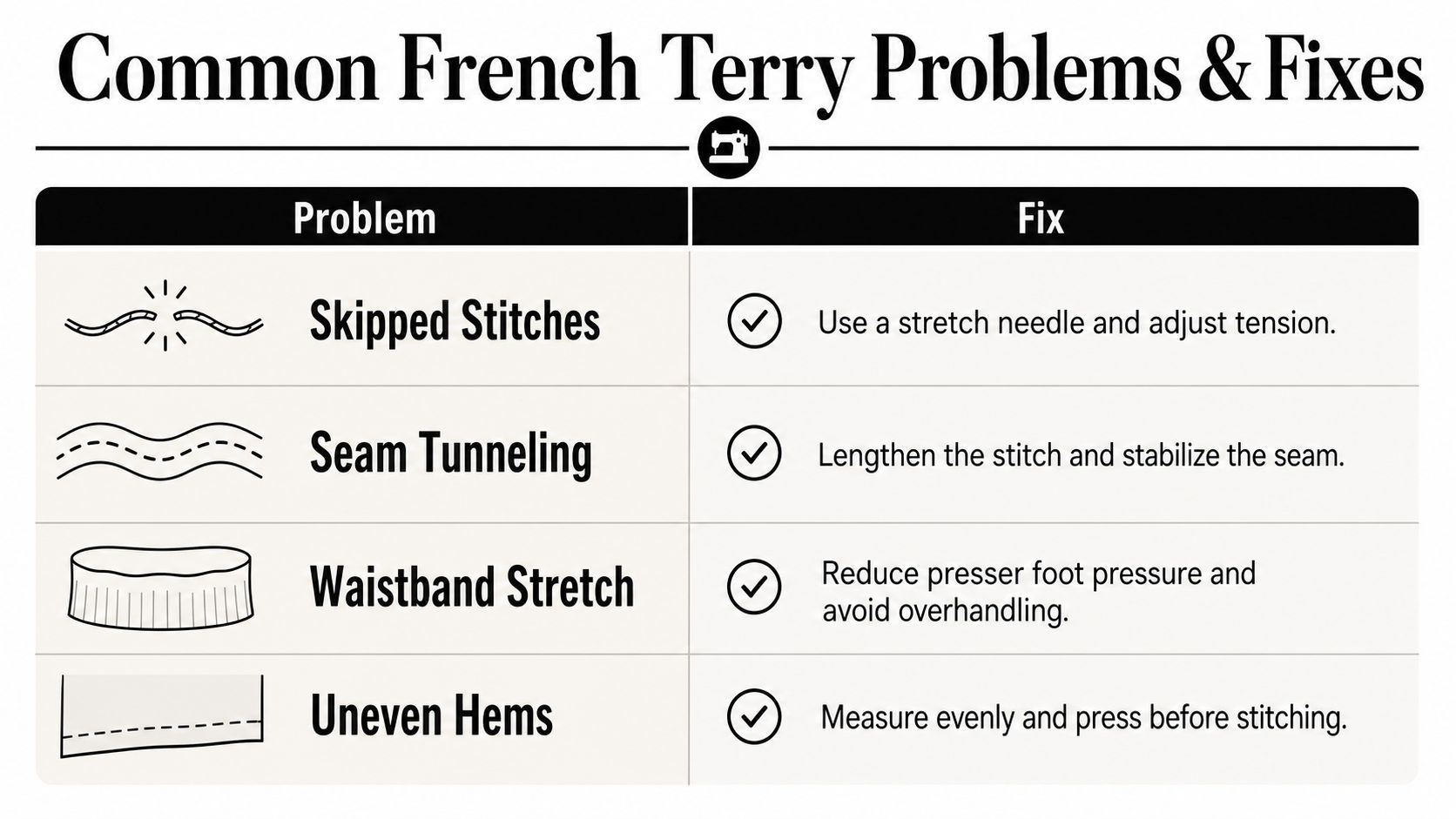 A chart illustrating common sewing issues when working with French terry fabric and their recommended professional solutions.
