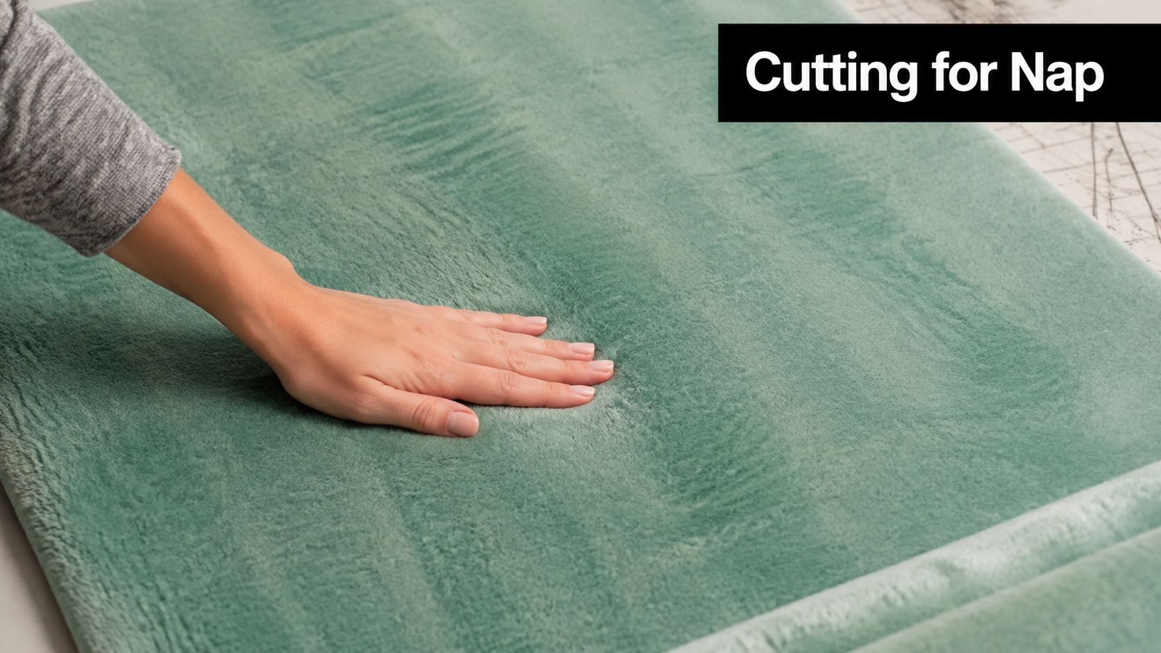 A close up view of a hand smoothing over soft, green plush minky fabric on a table.