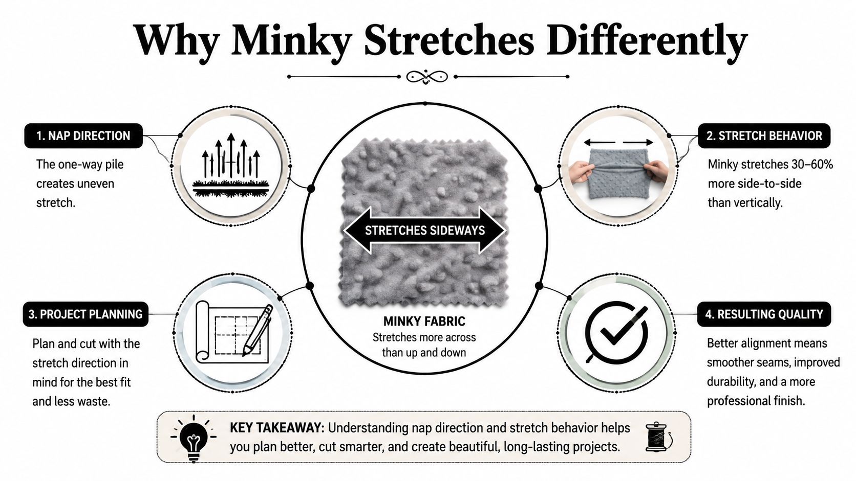 An infographic explaining how to work with Minky fabric by highlighting its nap direction and stretch behavior.