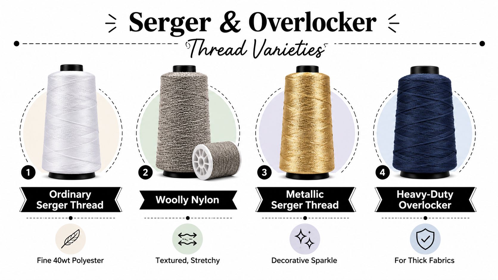 A four-part infographic displaying various types of serger and overlocker sewing threads, labeled and illustrated.