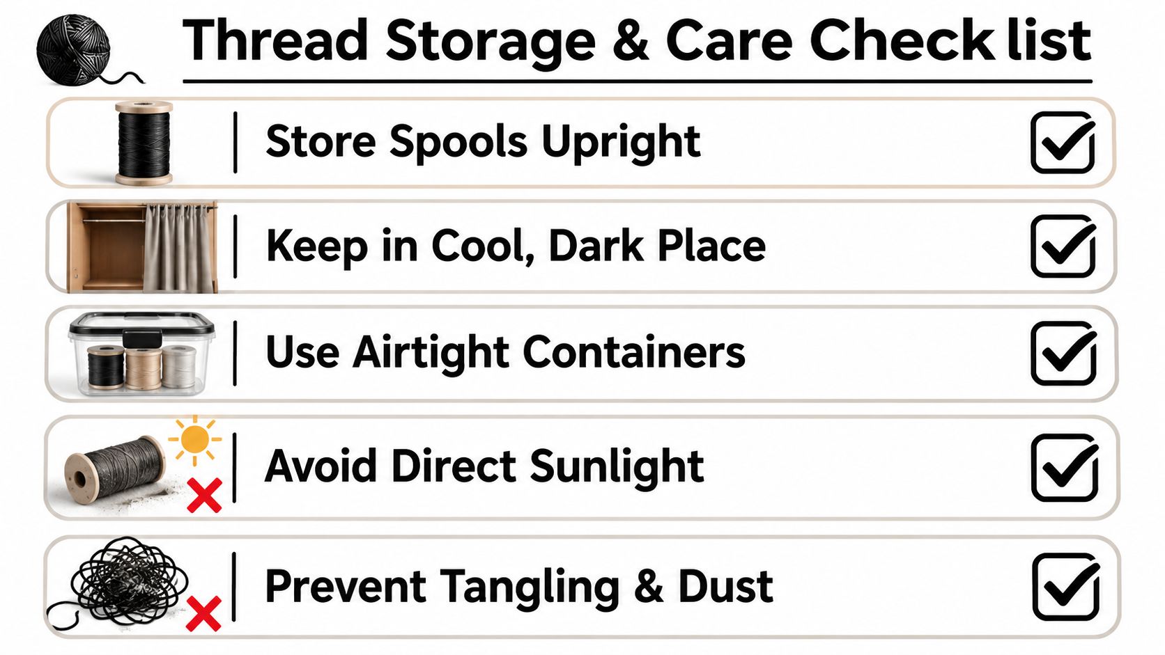 An infographic checklist for proper thread storage and maintenance, featuring icons and text instructions for sewing supplies.