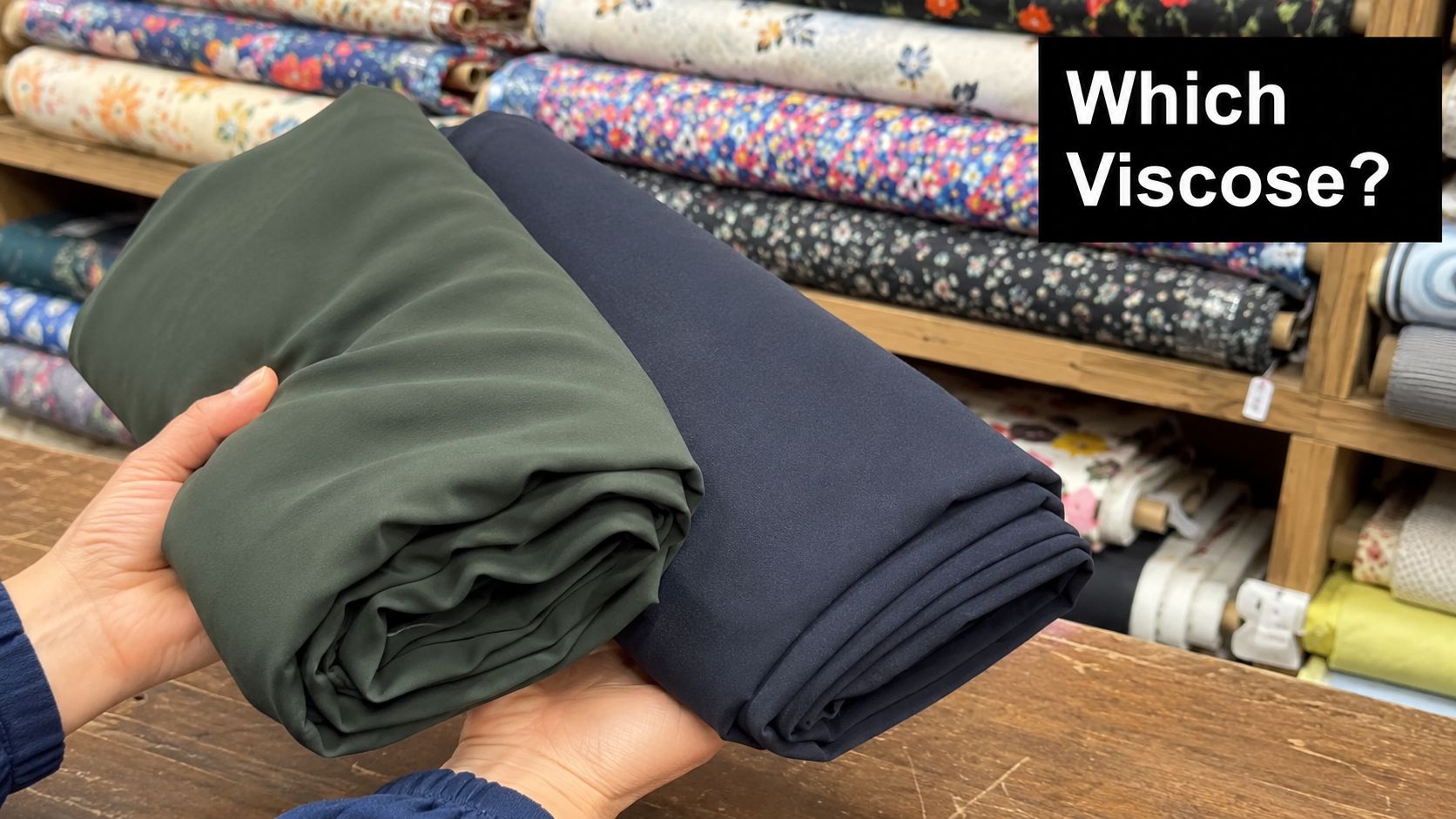 A person holds two rolls of solid-colored viscose fabric in green and navy blue for dressmaking.