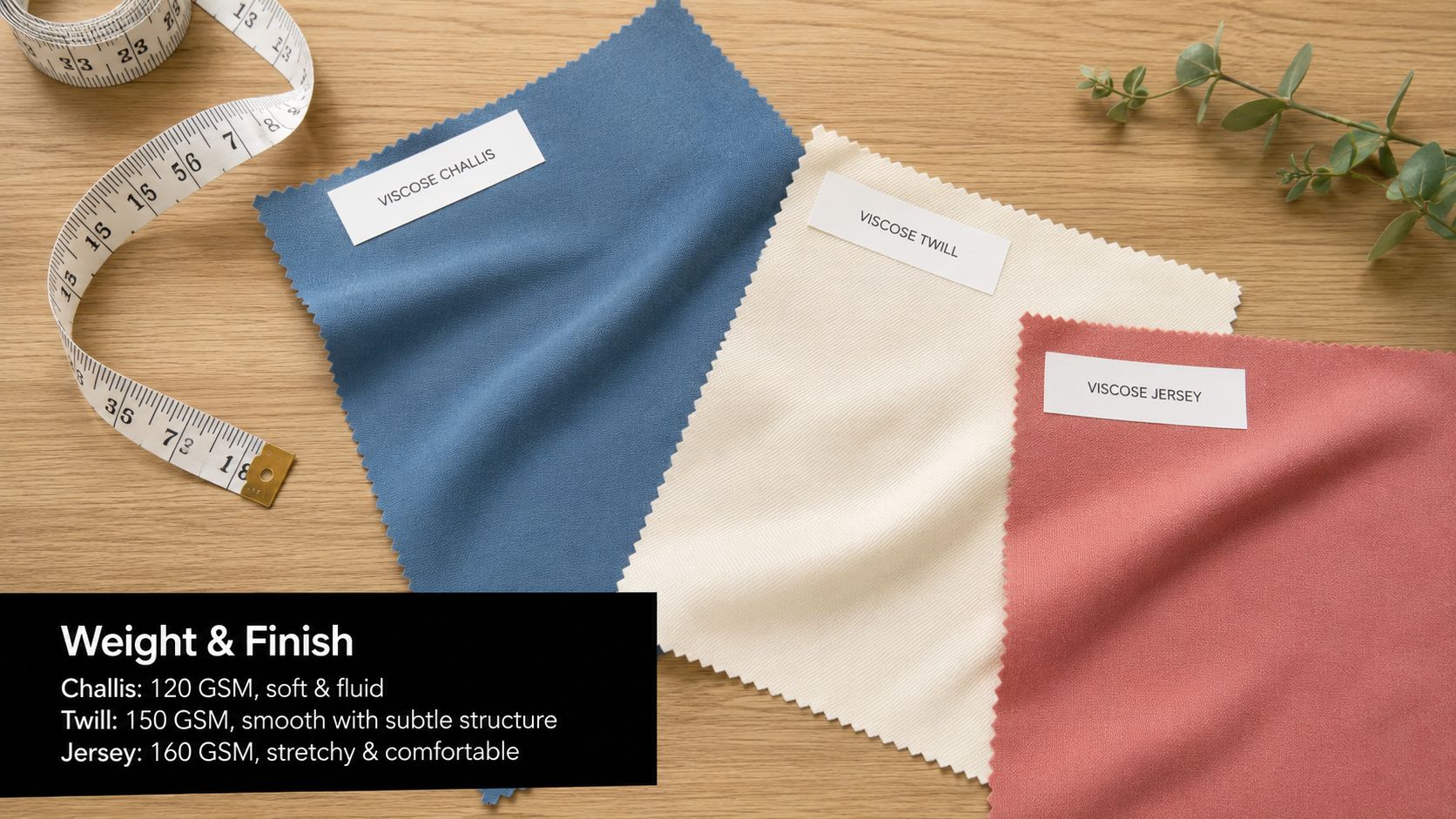 Three fabric swatches including blue viscose challis, cream viscose twill, and pink viscose jersey with a measuring tape.