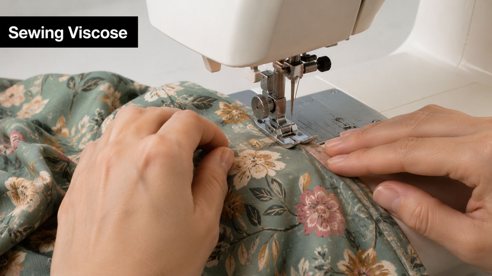 A close up view of hands using a sewing machine to work on floral viscose fabric.