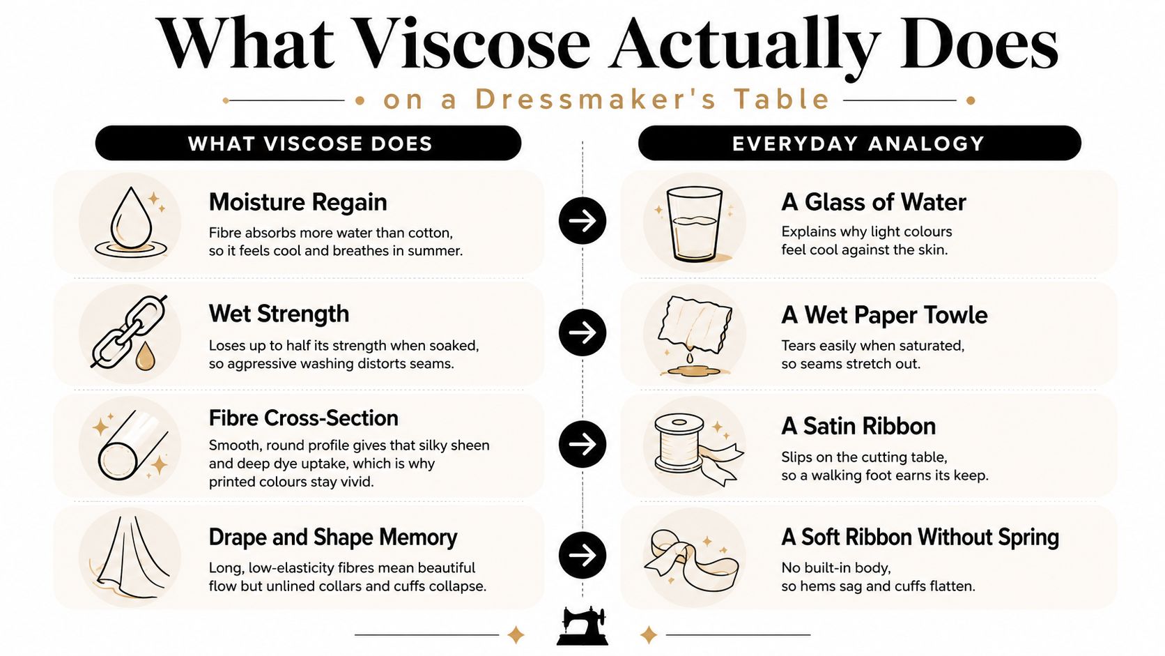 An infographic detailing the properties of viscose fabric and its practical implications for dressmakers and sewing projects.