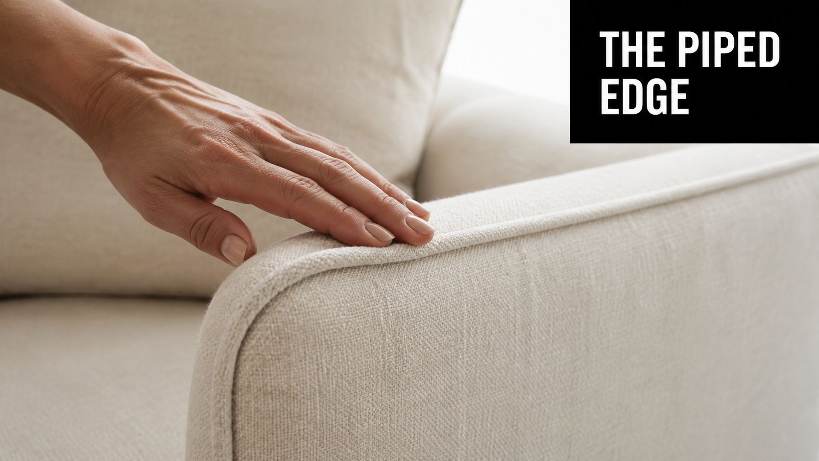 A close-up of a hand resting on the elegant piped edge of a beige upholstered armchair.