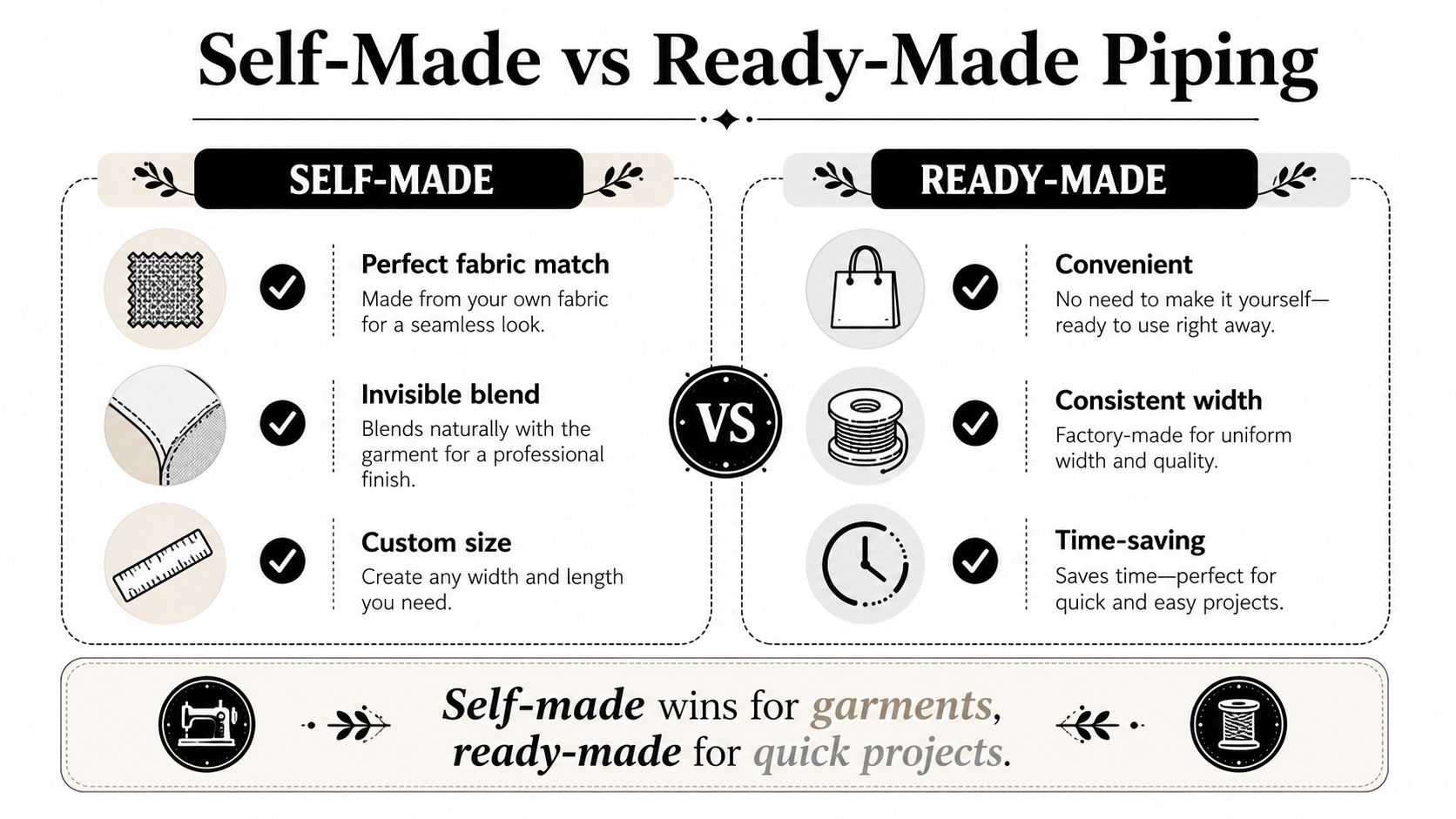 A comparison infographic between self-made and ready-made sewing piping, outlining the benefits and best use cases.