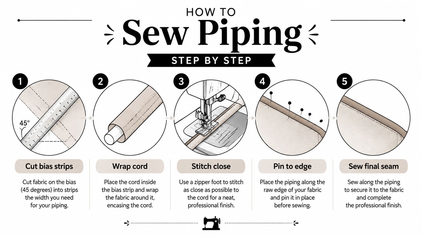 An instructional infographic detailing the five-step process for creating and sewing piping onto fabric for professional sewing projects.