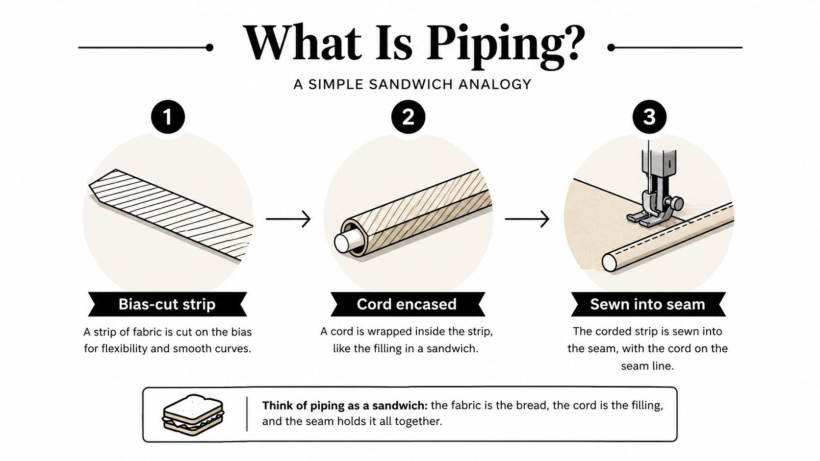 A diagram illustrating the three-step process of creating fabric piping using a simple sandwich analogy.