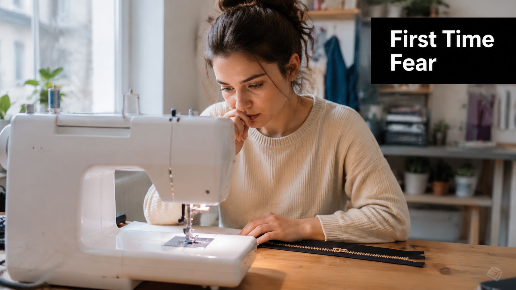 A focused woman sitting at a sewing machine, looking hesitant while preparing to install a zipper.