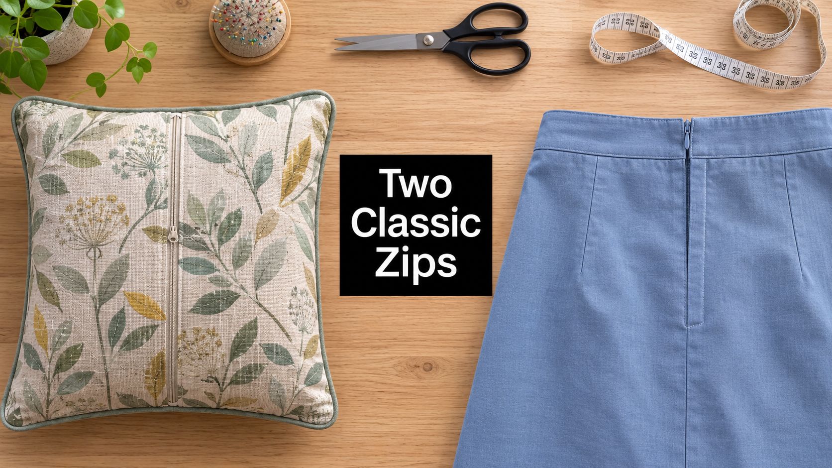 A flat lay view of sewing supplies, a floral throw pillow, and a blue skirt with zippers.