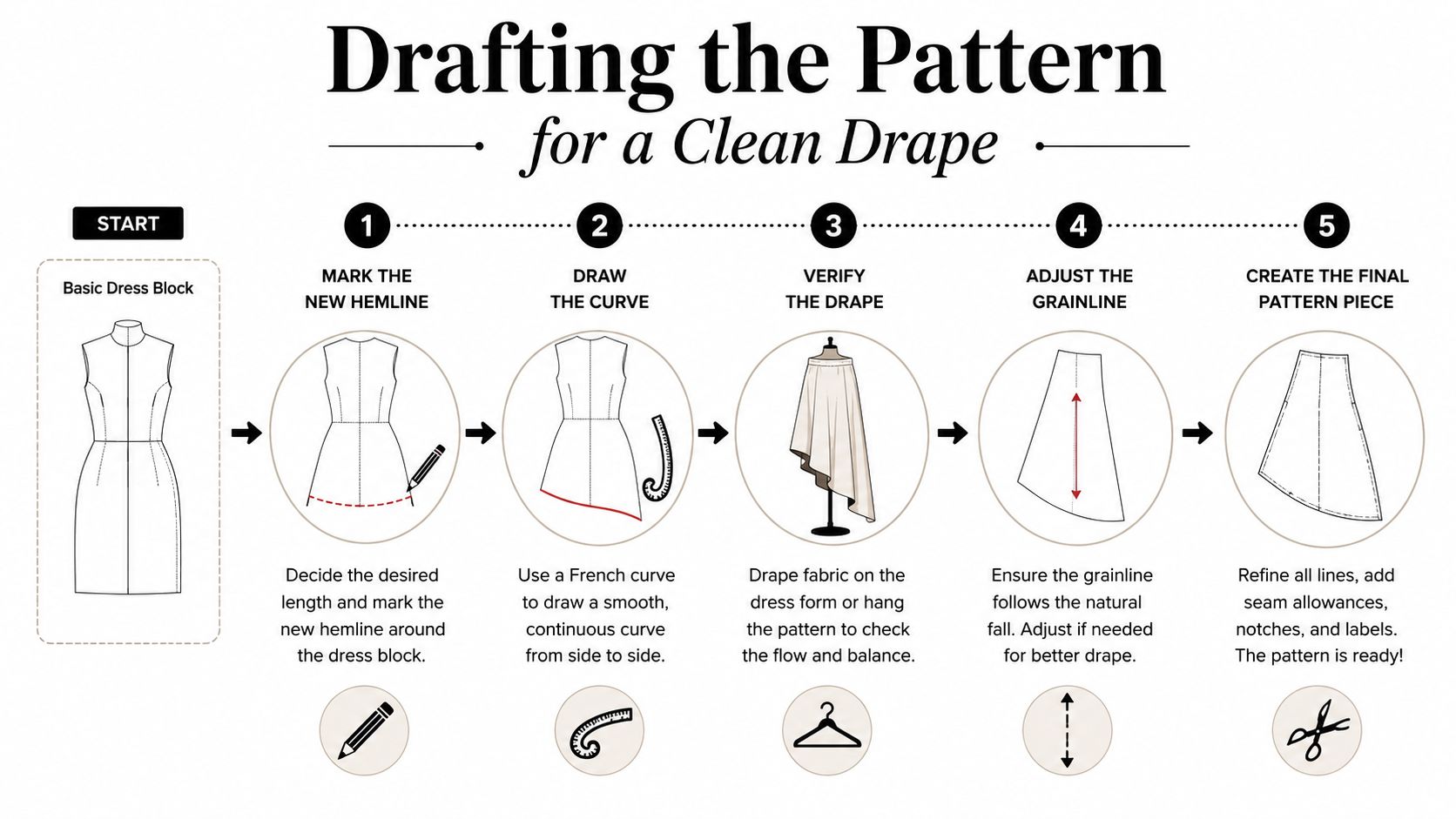A five-step instructional guide on how to draft an asymmetrical hem pattern for a dress.