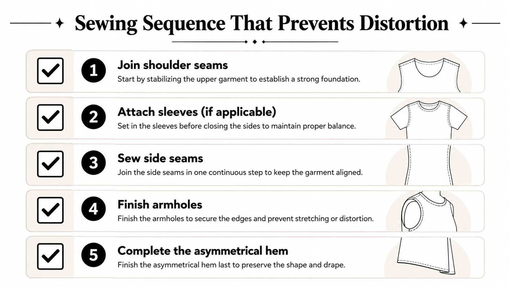 A five-step sewing instruction guide illustrating the sequence for constructing a garment to prevent fabric distortion.