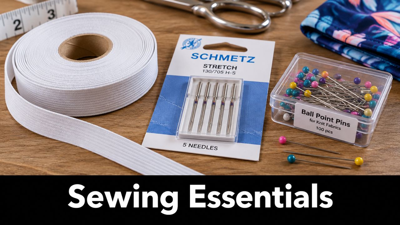 A wooden table displaying essential sewing tools including white elastic ribbon, Schmetz needles, and ball point pins.