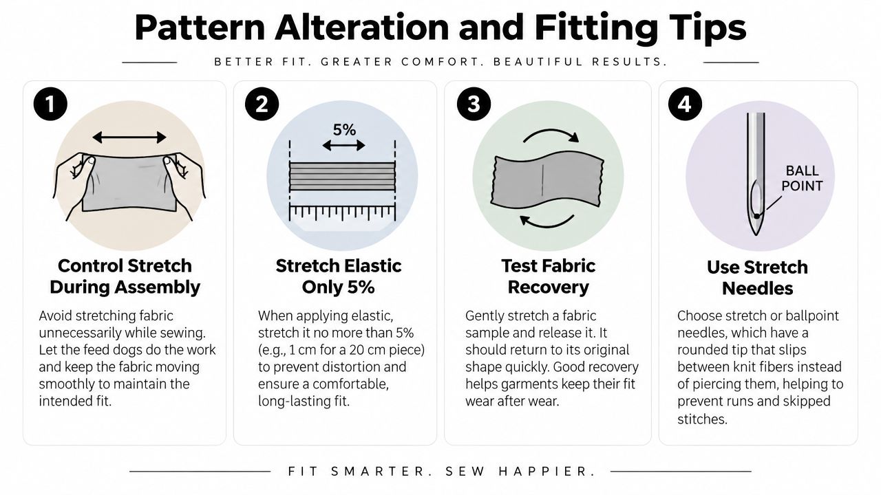 An infographic titled Pattern Alteration and Fitting Tips showing four essential steps for sewing with stretch fabrics.
