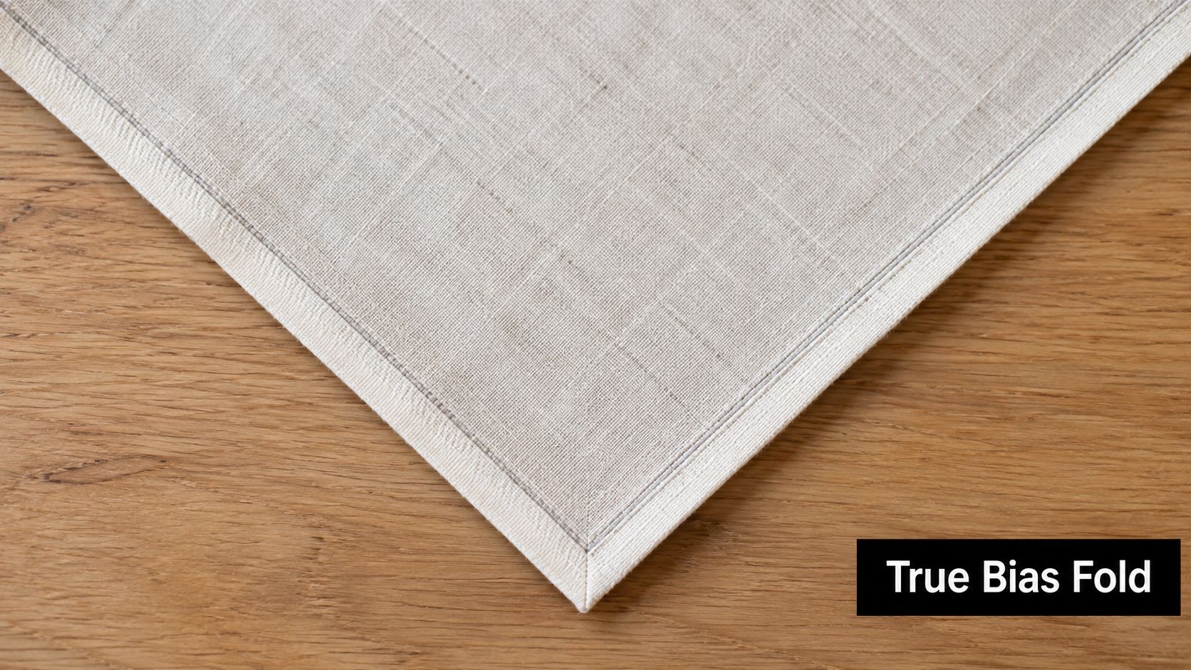 A close-up of a neatly sewn fabric corner with a precise 45-degree true bias mitered fold.