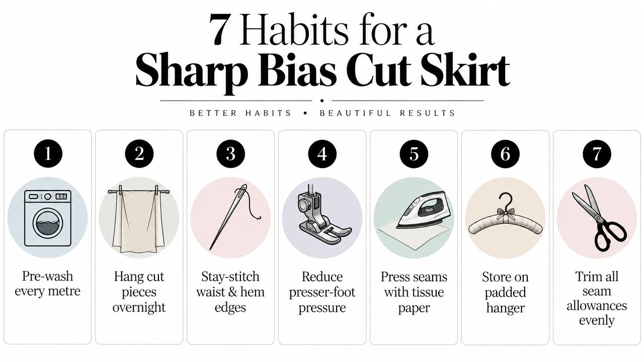 An infographic detailing seven essential sewing habits for creating a professional and sharp bias cut skirt.