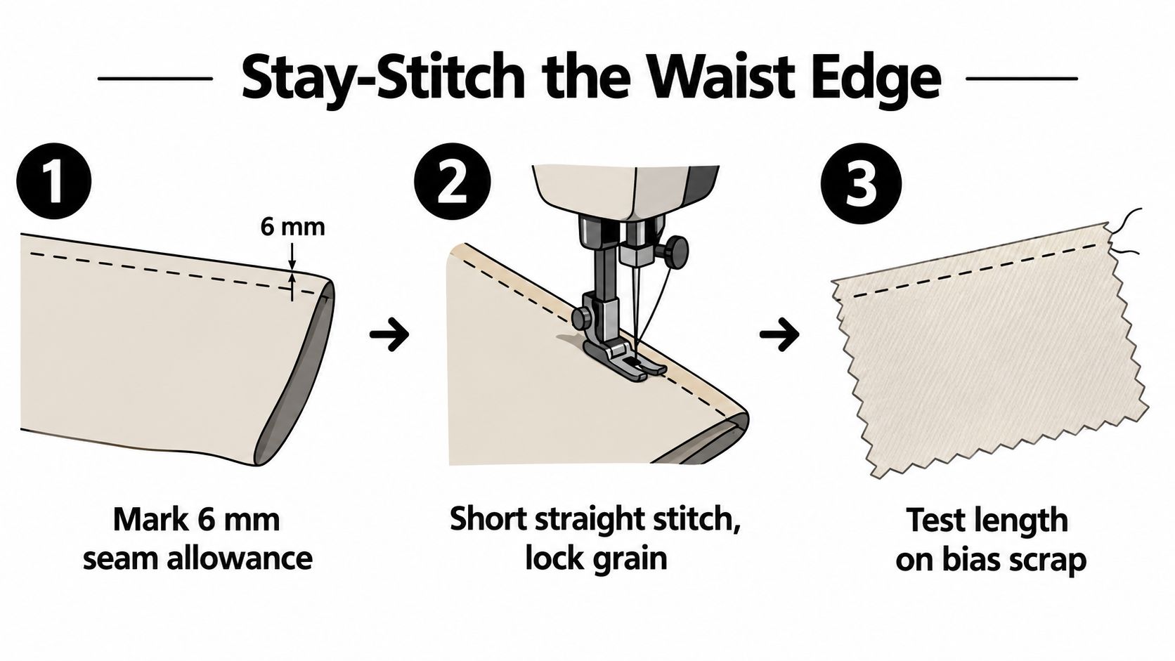 A three-step sewing guide illustrating how to stay-stitch the waist edge of a garment piece.
