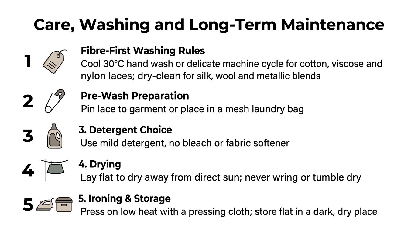 An infographic titled Care, Washing and Long-Term Maintenance providing instructions for cleaning lace garments safely and properly.