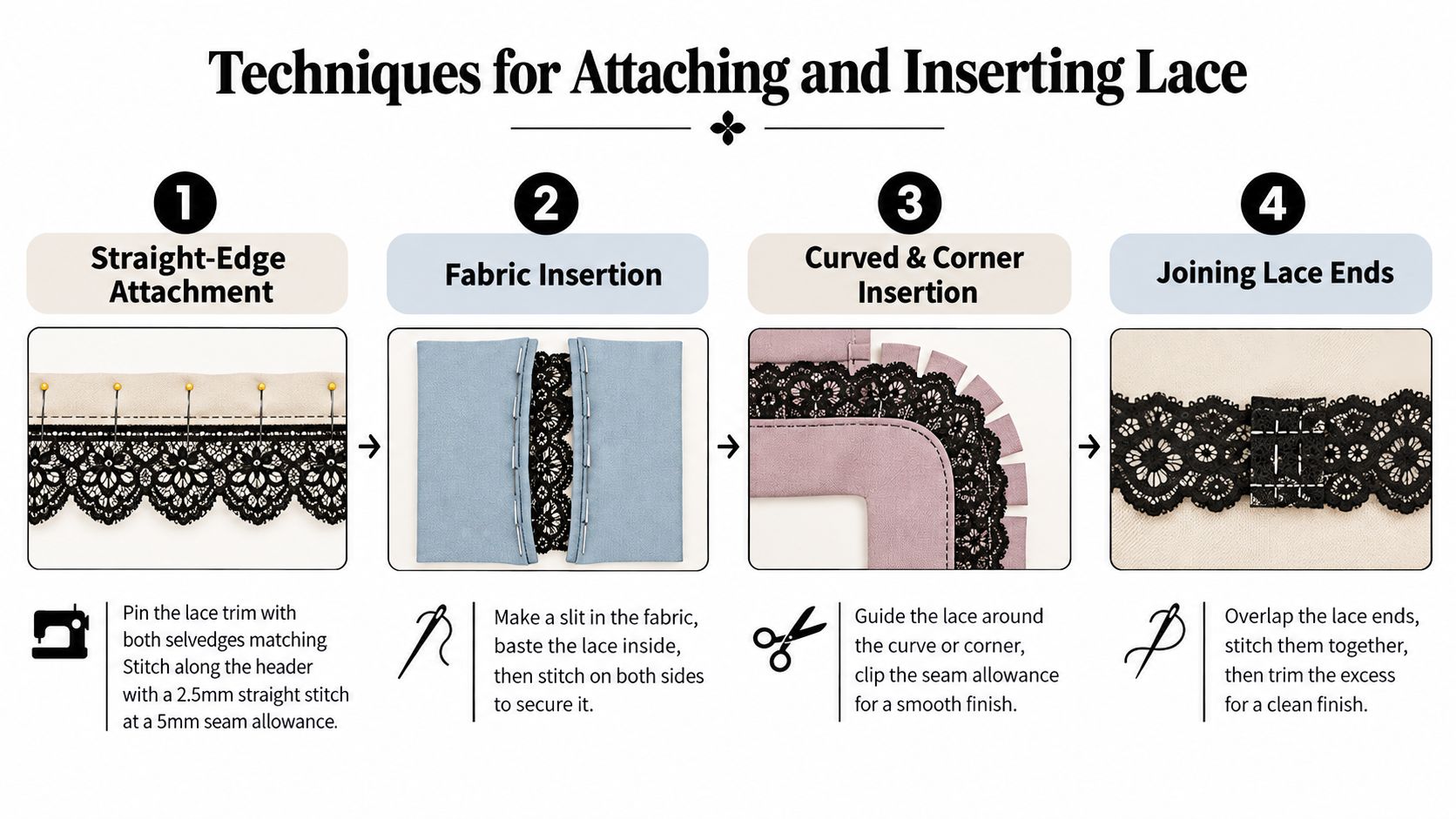 An infographic showing four sewing techniques for attaching and inserting black lace trim onto fabric pieces.