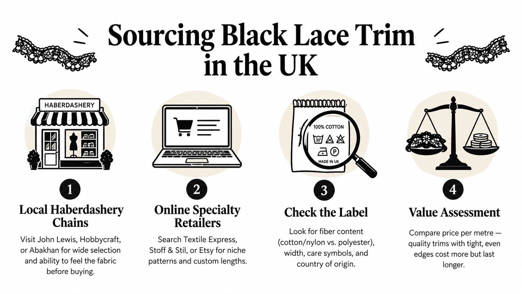 An infographic titled Sourcing Black Lace Trim in the UK showing four steps for buying fabric.