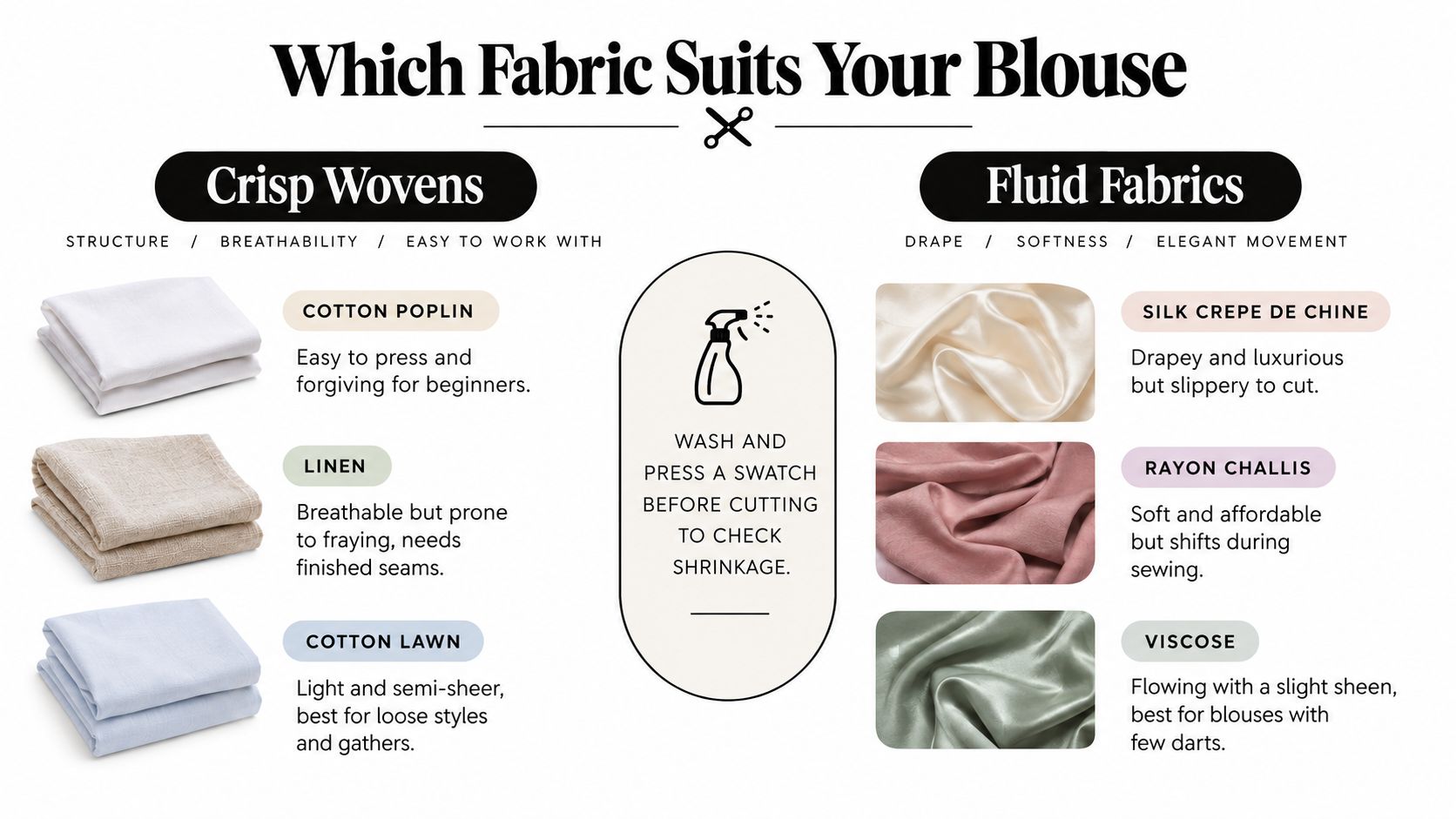 A helpful chart comparing crisp woven fabrics versus fluid fabrics for sewing blouse patterns.