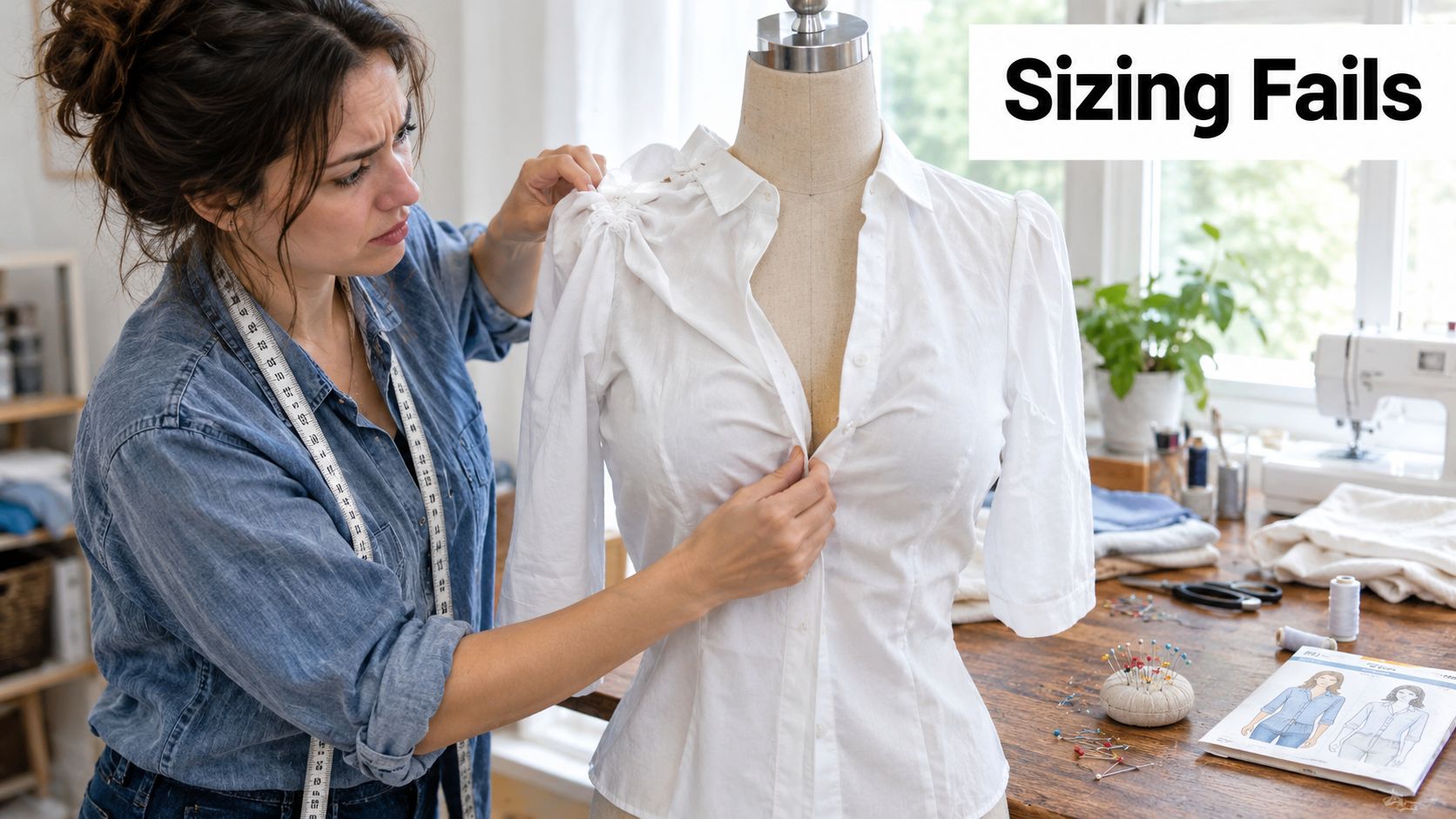 A concerned fashion designer adjusts a white blouse on a dress form in her bright sewing studio.