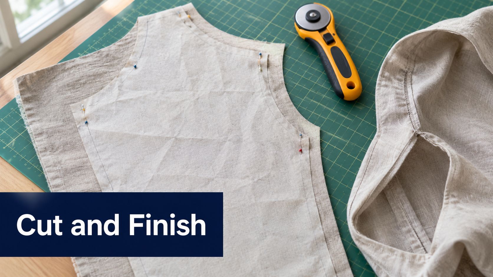 A fabric blouse sewing pattern pinned onto beige linen cloth on a green cutting mat with a rotary cutter.